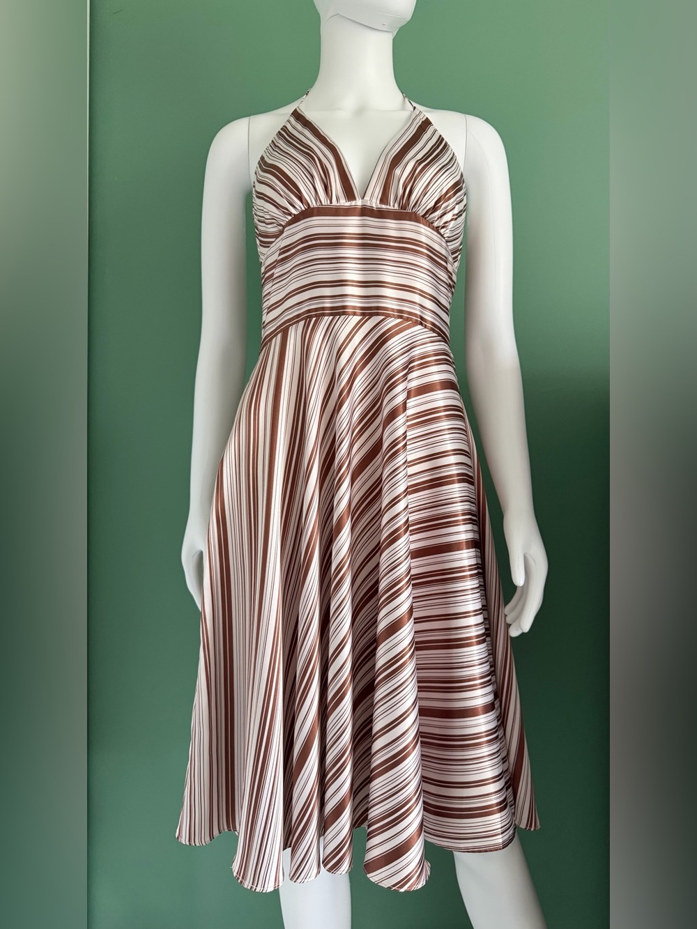 Vintage Alyn Paige NY Brown and Cream Satin Striped Halter Midi Dress